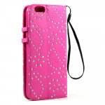 Wholesale iPhone 6 Plus 5.5 Diamond Flip PU Leather Wallet Case with Strap (Hot Pink)